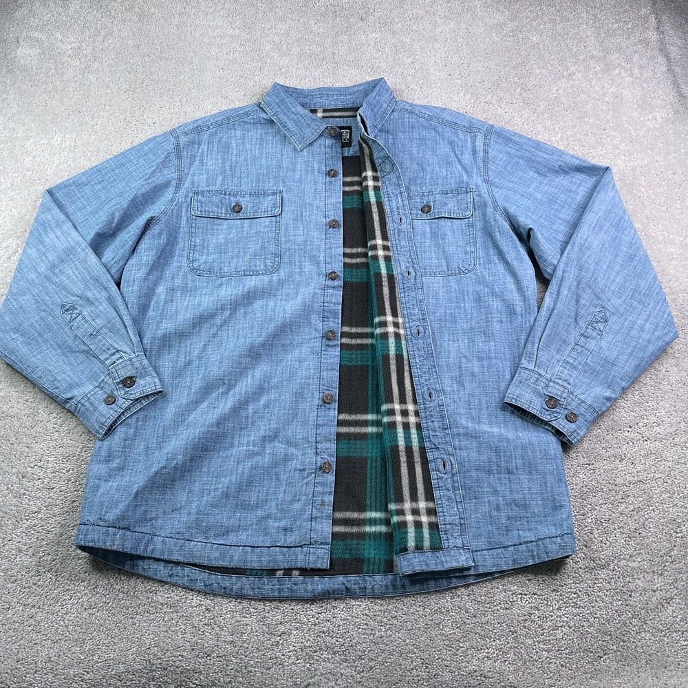 Canyon Guide Outfitters Shirt Jacket Mens XL Blue Chambray Fleece Lined Shacket
